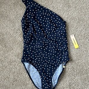 Summersalt Sidestroke Navy Polka Dot One-Shoulder Swimsuit, Never Worn